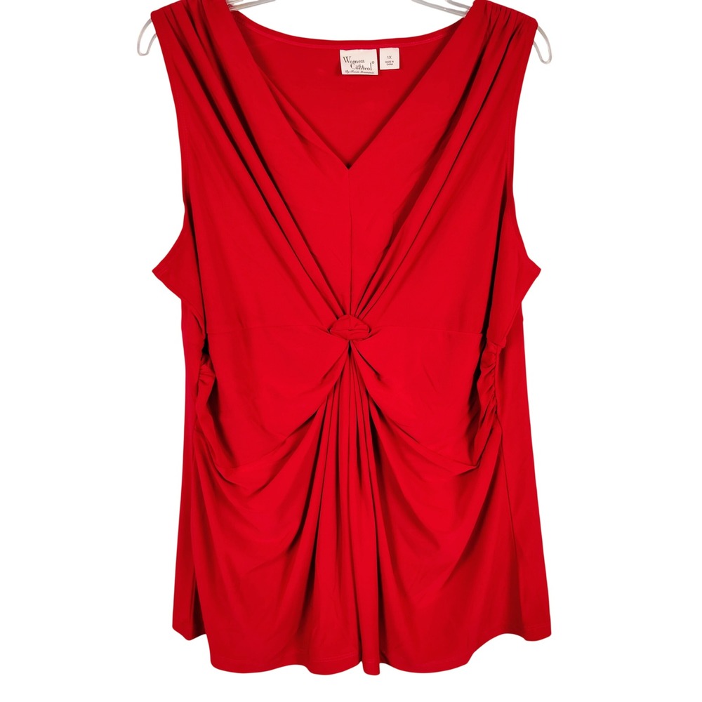 Women Control Womens 1X Knot Front Draped Tank Top Red Jersey Officecore